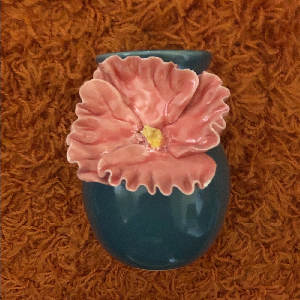 Anthropologie Teal Vase with Pink 3D Floral Design